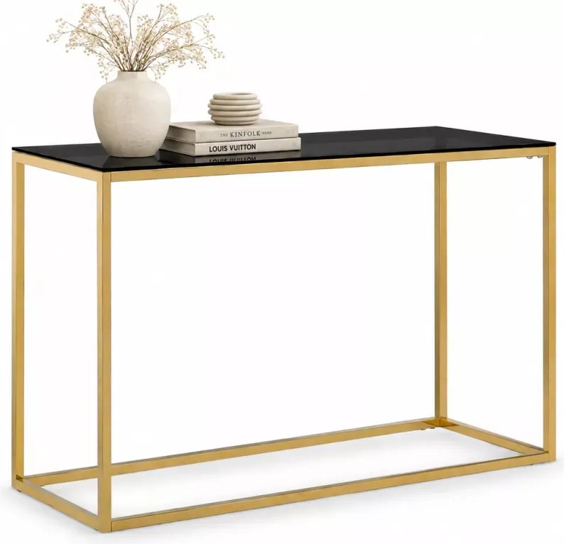 Konsola złota metalowa 100x30 cm ze szklanym przyciemnianym blatem