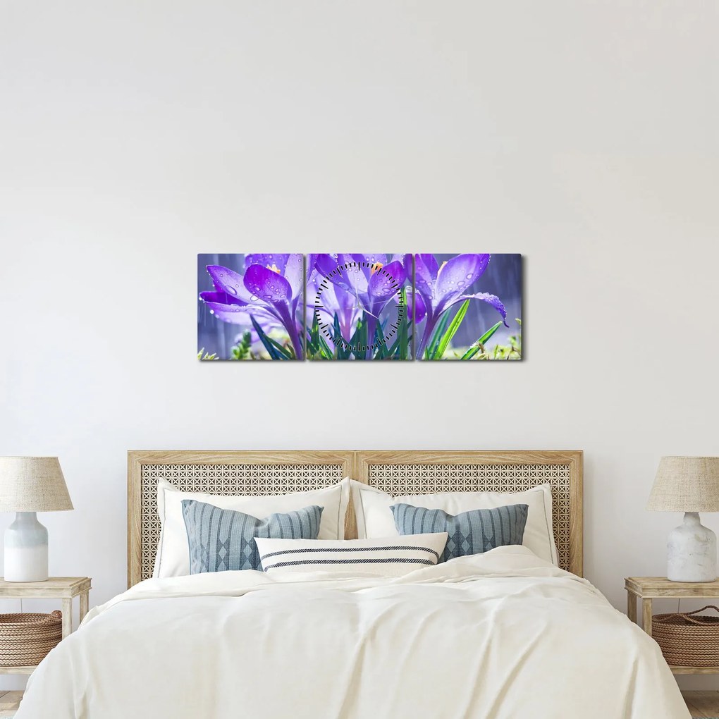 Obraz kwiatów w deszczu (z zegarem) (90x30 cm)