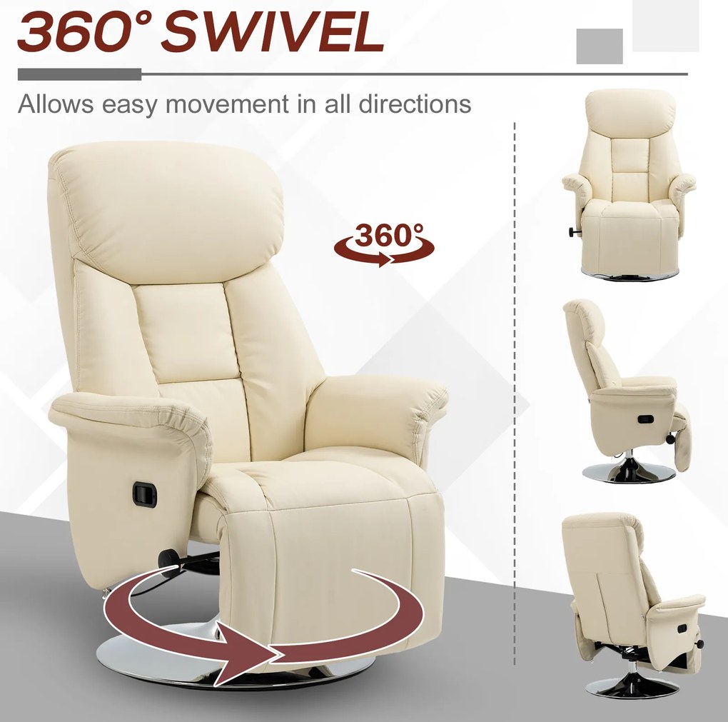 HOMCOM Fotel relaksacyjny, funkcja leżenia, wygląd skóry, podnóżek, do 150 kg, 78 x 80 x 109 cm, Kremowy | Aosom PL