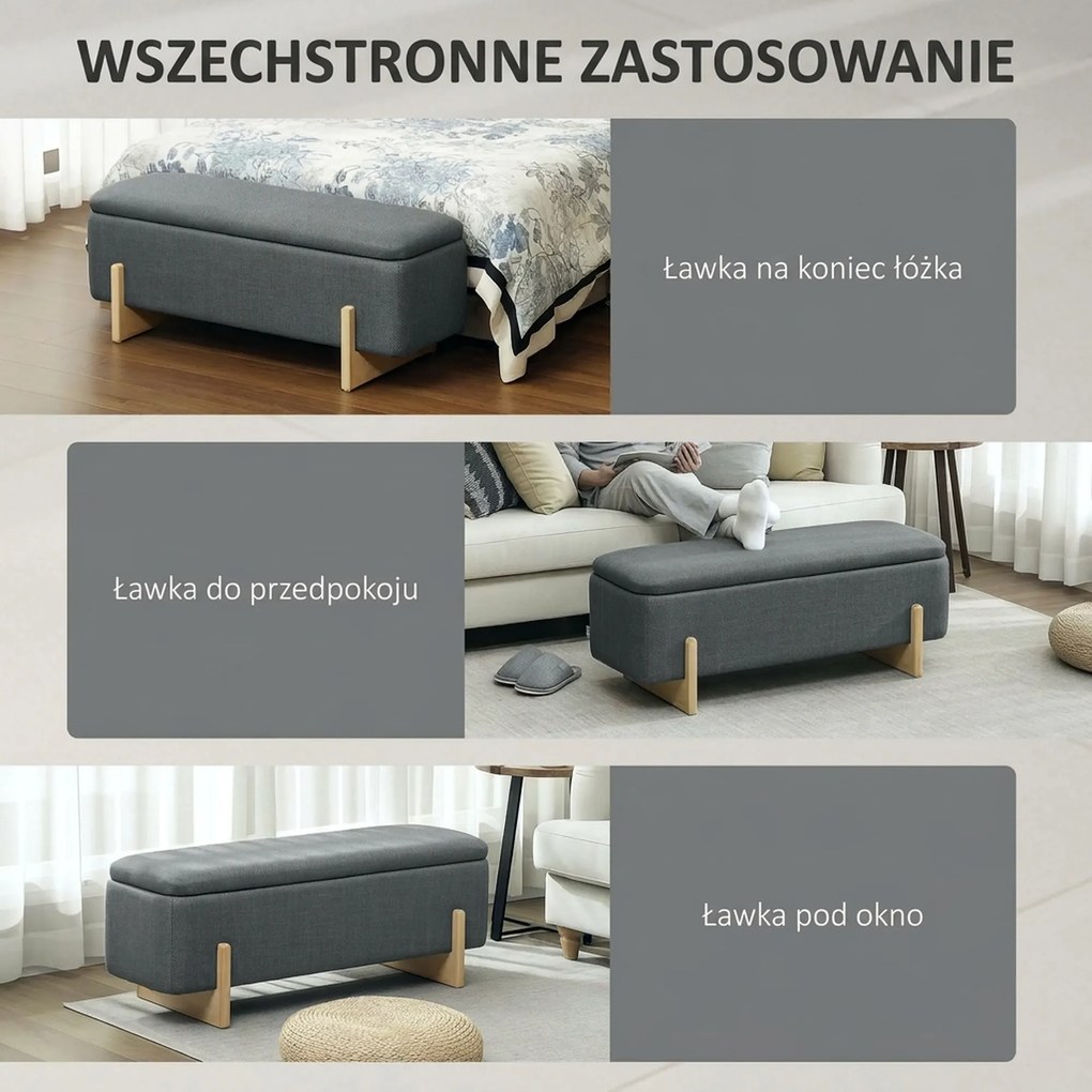 HOMCOM Hoker ze schowkiem ławka tapicerowana puf skrzynia do przedpokoju tkanina len 111x44x44,5 cm ciemnoszara siedzisko otwierane | Aosom PL