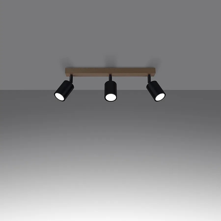 Plafony nowoczesny Flare, stal/drewno - 3 źródło światła 3000K - L.61 x H.17.5 cm - czarny/drewno