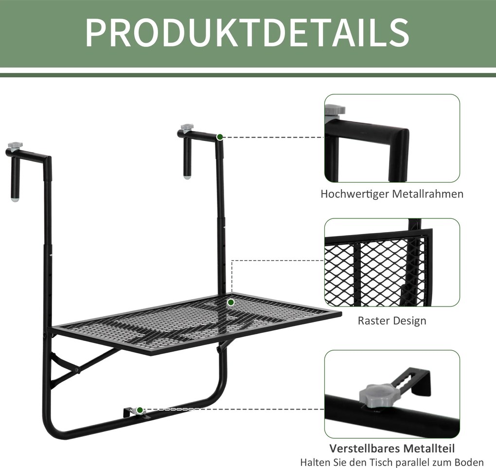 Składany stolik balkonowy Outsunny, regulowany na 4 poziomach, z metalu, odporny na warunki atmosferyczne, 60x40 cm, czarny