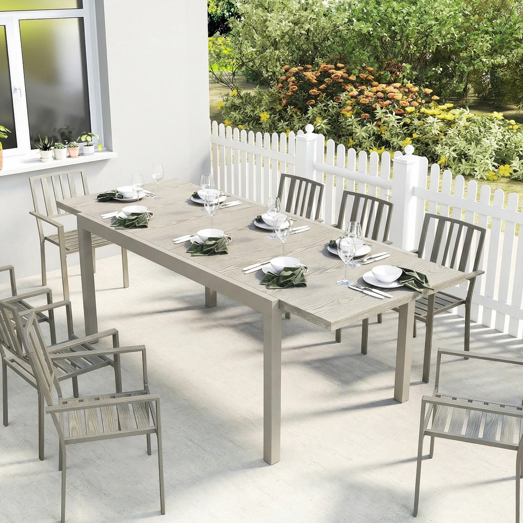 Outsunny Stół Ogrodowy Rozkładany 154/214 x 85 cm Aluminiowy Stół Jadalniany dla 8-10 Osób z Imitacją Drewna Jasnoszary | Aosom PL