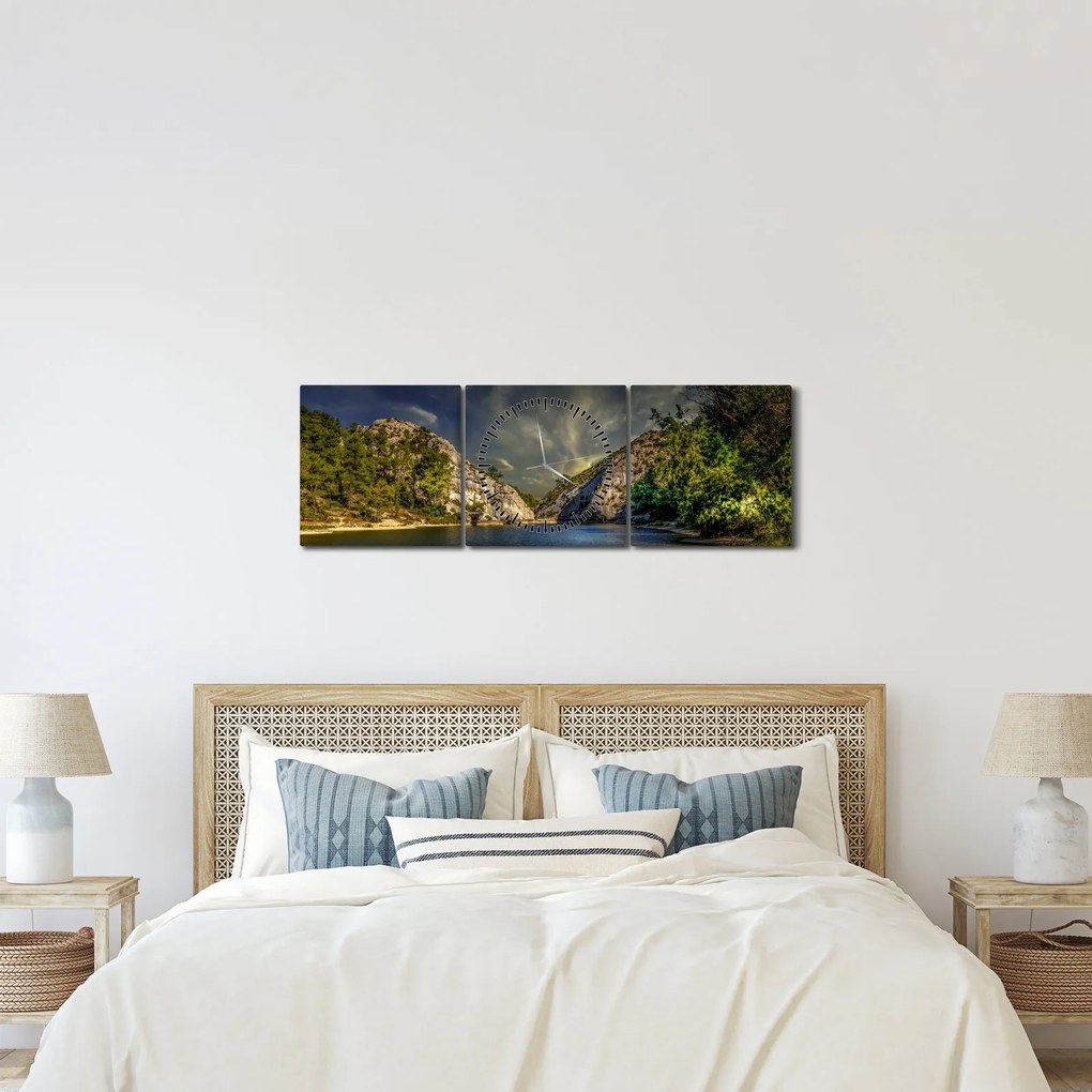 Obraz krajobrazu z jeziorem (z zegarem) (90x30 cm)