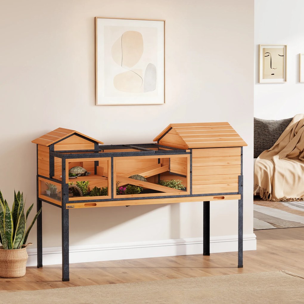 PawHut Domek dla żółwia, wybieg dla małych zwierząt, 2 pomieszczenia, 2 piętra, okna, rampy, akcesoria, drewno, stal, Żółty