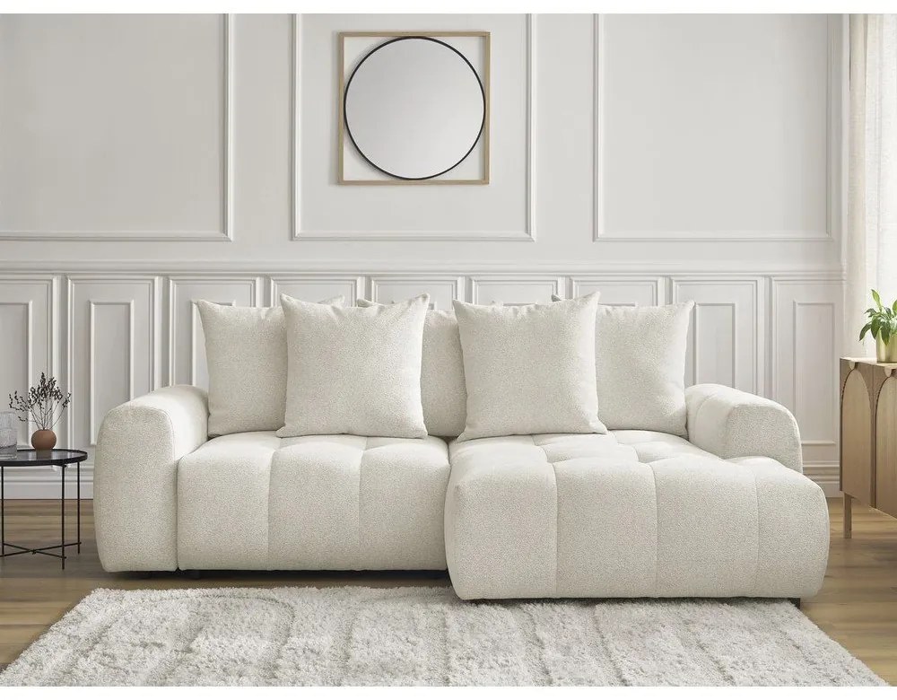 Biały rozkładany/ze schowkiem narożnik z tkaniny szenilowej (prawostronny/z szezlongiem) Roxelane – Bobochic Paris