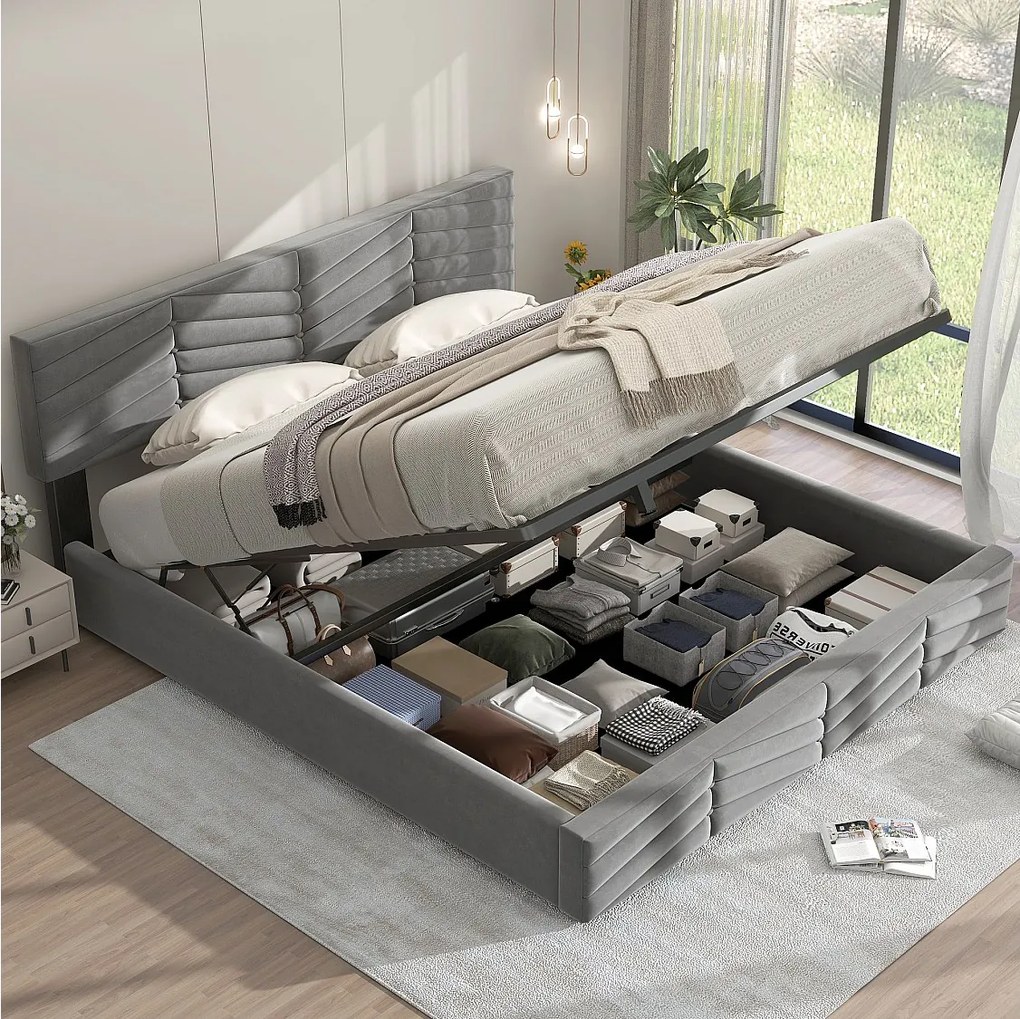 Łóżko ze schowkiem 160x200 cm - szary aksamit - tapicerowane łóżko z regulowanym zagłówkiem - bez materaca