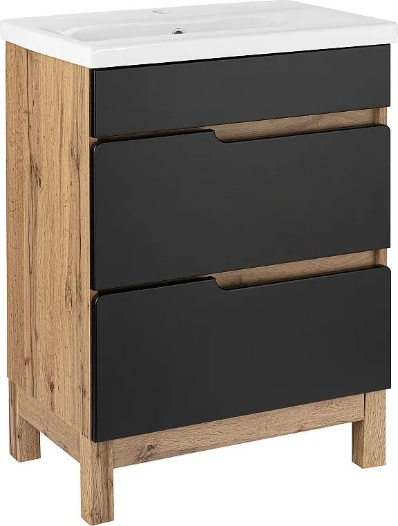Zestaw Łazienkowy Stojący Szafka z Umywalką 60cm Dąb Wotan / Czarny Alma 2S