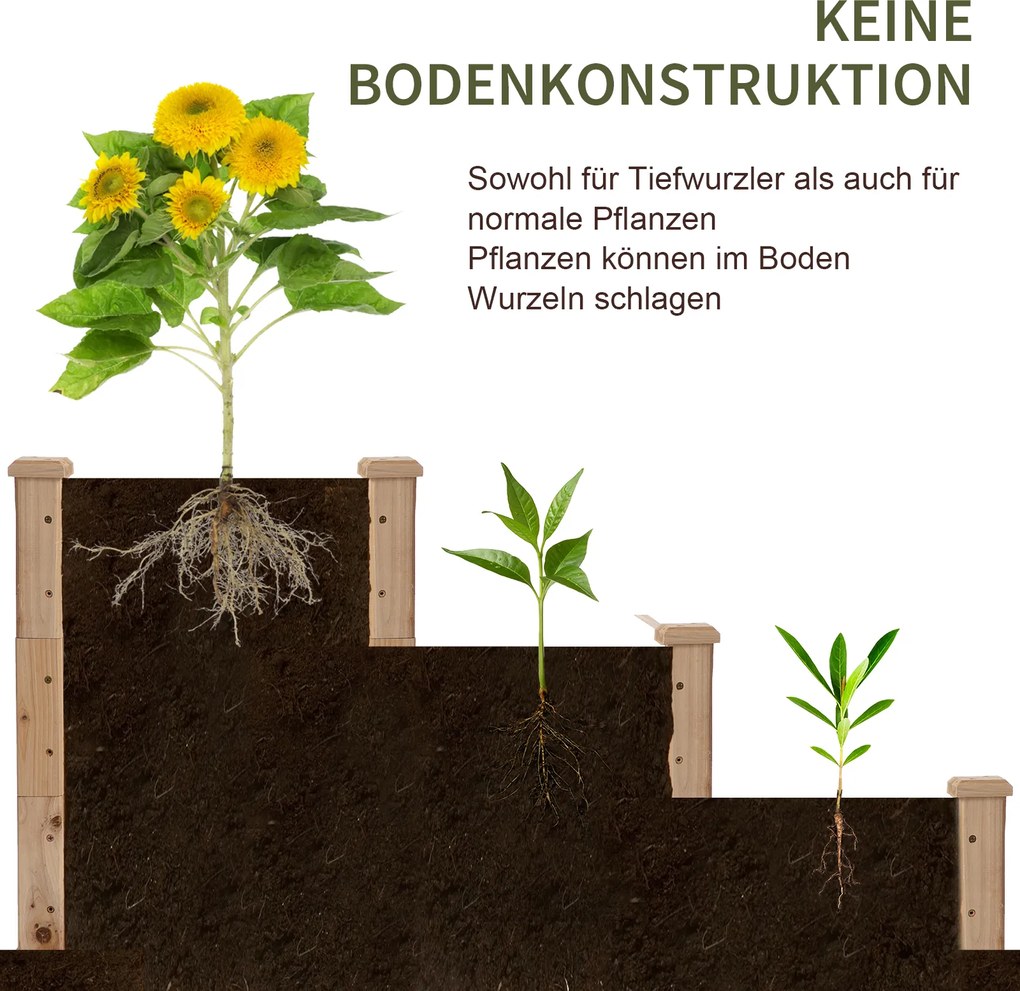 Outsunny Podwyższona Grządka Drewniana 3Poziomowa Rabata Ogrodowa 124x124x56cm Naturalne Drewno | Aosom PL