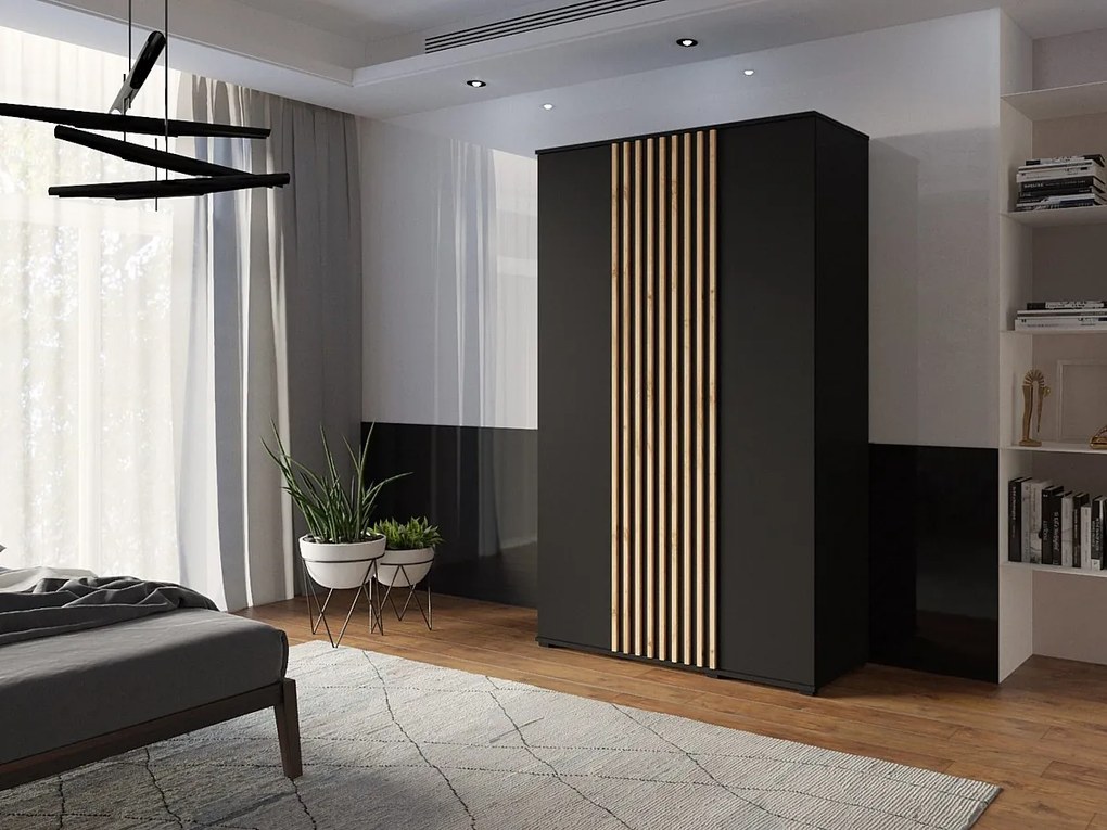 Szafa Otwierana Dwudrzwiowa Z LAMELAMI 120cm x 200cm CZARNA| Półki + Wieszak