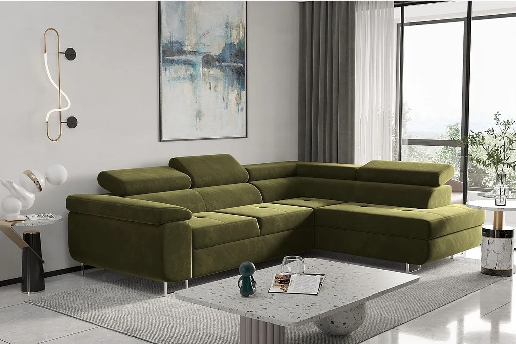 Narożnik z funkcją spania w kształcie L ATOM, tkanina Monolith, Oliwkowy, Prawy