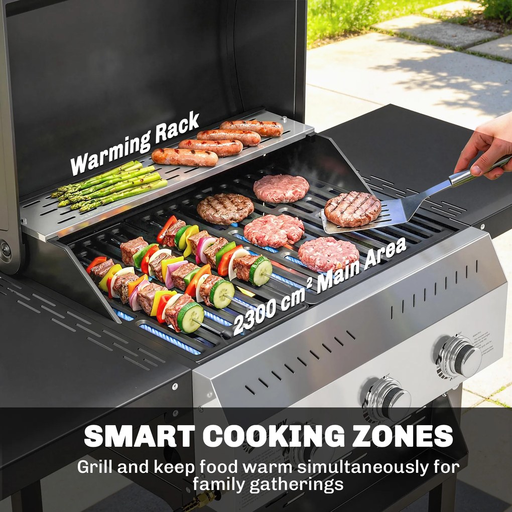 Outsunny Grill gazowy 9 kW 3 palniki BBQ wózek ze stali nierdzewnej ze składanymi półkami, uchwytem na przyprawy, dolną półką i 6 haczykami | Aosom PL