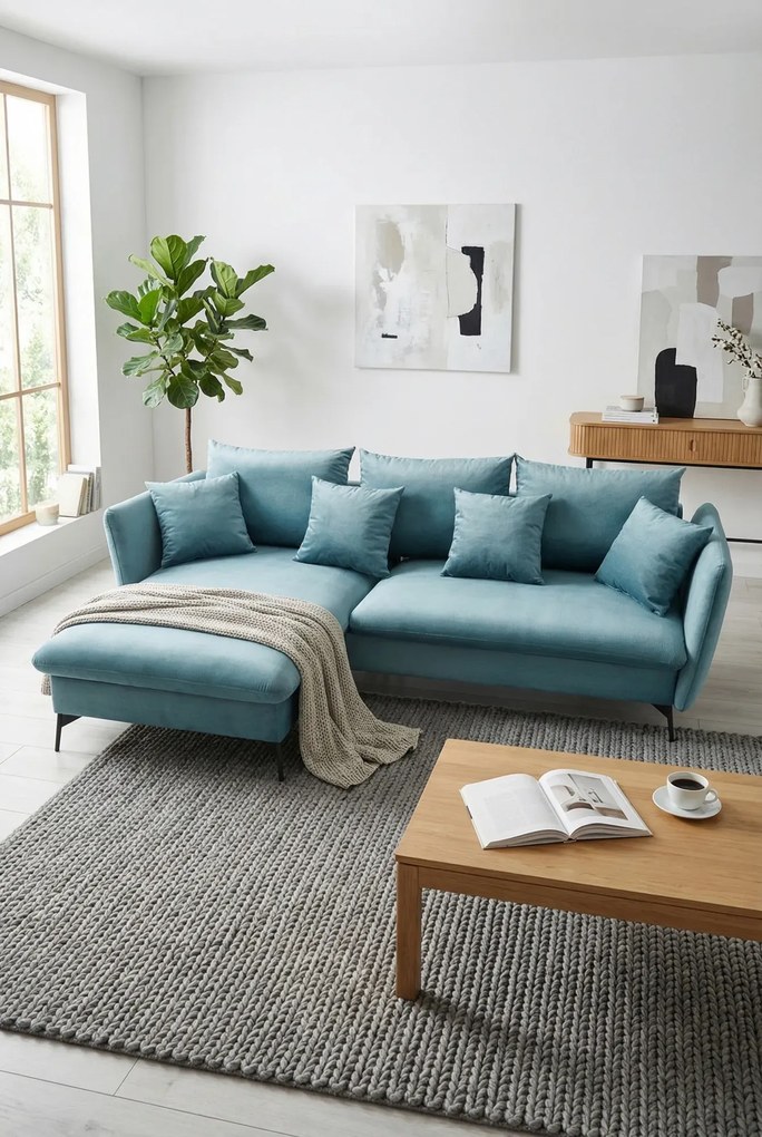 Błękitny welurowy narożnik z funkcją spania H9-C92