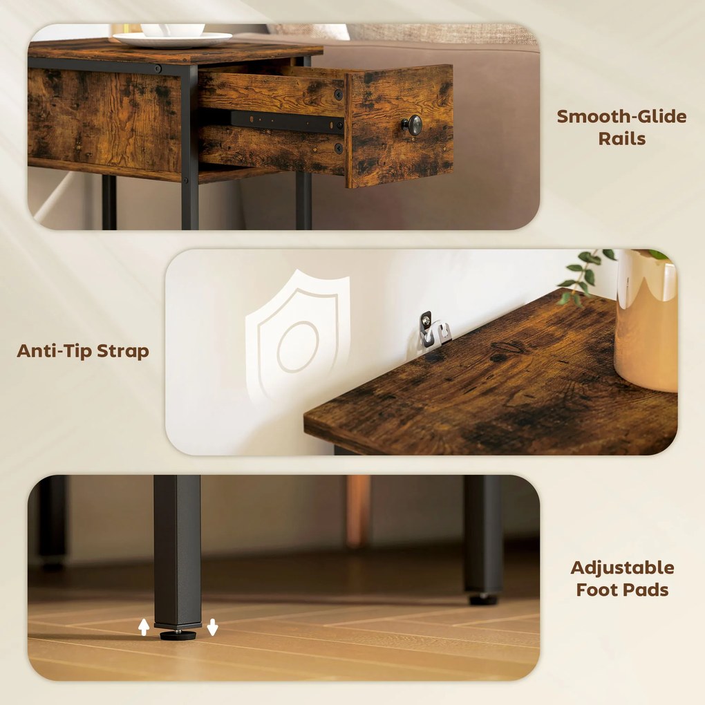 HOMCOM Stolik boczny z otwartą półką i szufladą, stolik nocny, metalowe nogi, drewno, brązowy