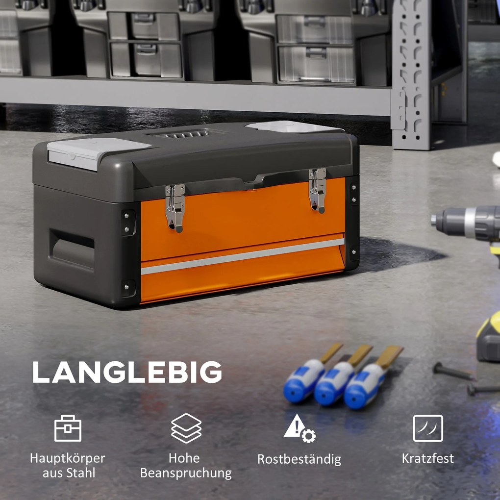 HOMCOM Pusta Skrzynka na Narzędzia, 49,7 x 25,3 x 23 cm, z Szufladą, Mini-Boxem, Stalowe, Pomarańczowe