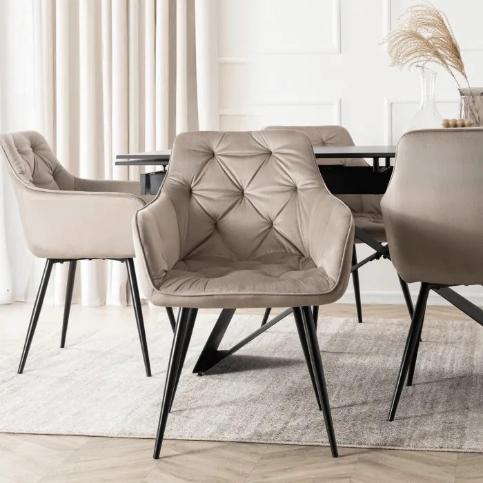 Zestaw Stół Prostokątny Rozkładany VICTOR 160-240 cm Czarny Marmur i 4 Krzesła MODESTO Beżowe Welurowe Nowoczesne