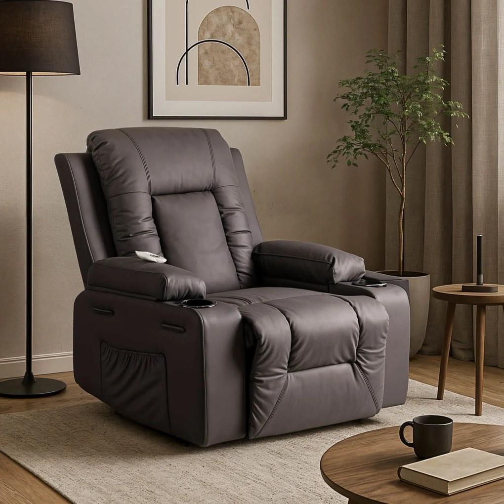 Fotel Masujący BOX Rozkładany Wypoczynkowy z Podnóżkiem Ciemnobrązowy Ekoskóra Nowoczesny