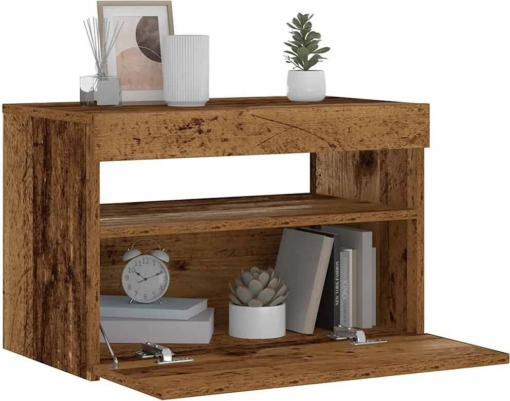 Szafka nocna z drewna inżynieryjnego w stylu starego drewna z wielokolorowym podświetleniem LED RGB, 60x35x40 cm, z miejscem do przechowywania i złączem USB