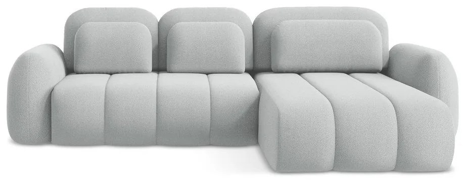 Jasnoszary rozkładany narożnik z materiału bouclé ze schowkiem (prawostronny/z szezlongiem) Pele – Makamii