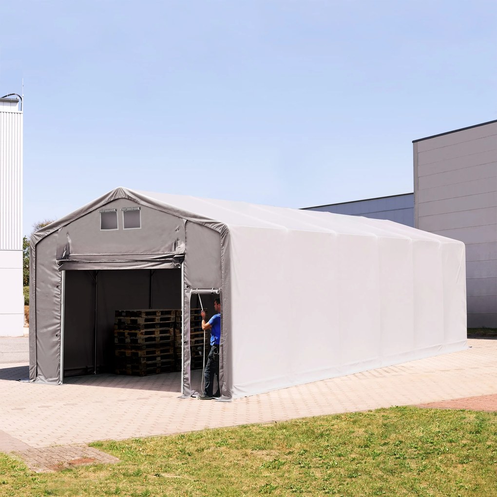 TOOLPORT 6x12m Hala namiotowa - 3,0 m wysokość ścian bocznych z podciąganą do góry bramą, PVC 850, szary, ze statyką (podłoże betonowe) - (94123)