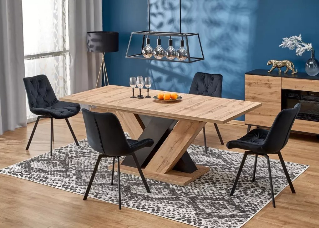 Nowoczesny stół Sumba rozkładany z płyty laminowanej w kolorze dąb wotan z nogami w kształcie „X”