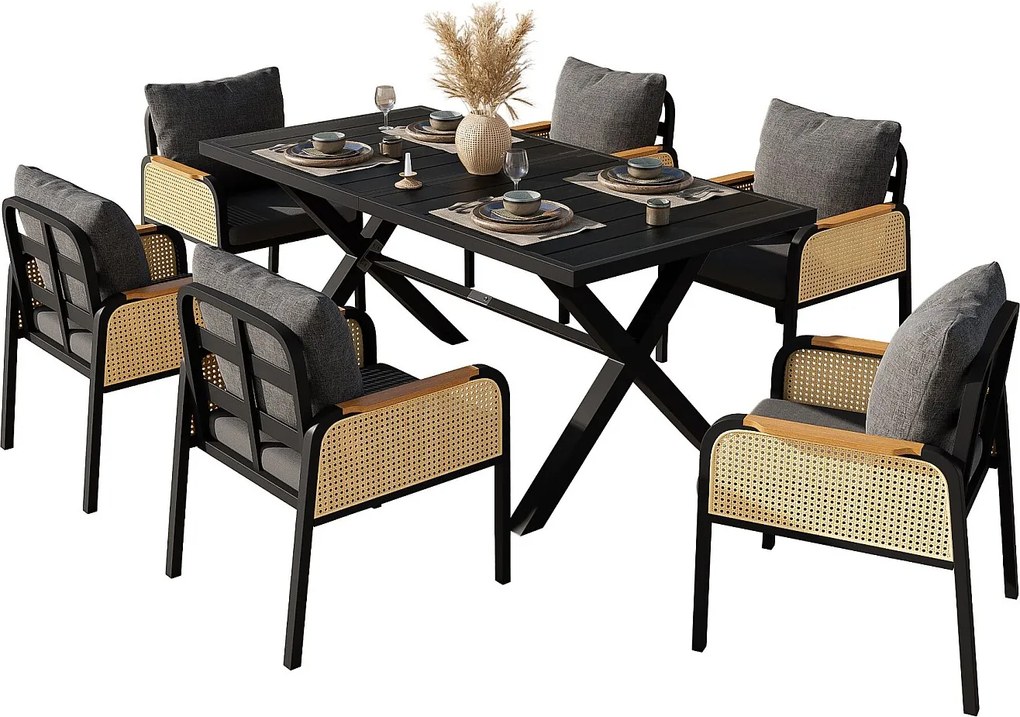 Nowoczesny zestaw mebli ogrodowych - rama żelazna - podłokietniki tkane - z poduszkami na siedziska + stół + 6 krzeseł - czarny