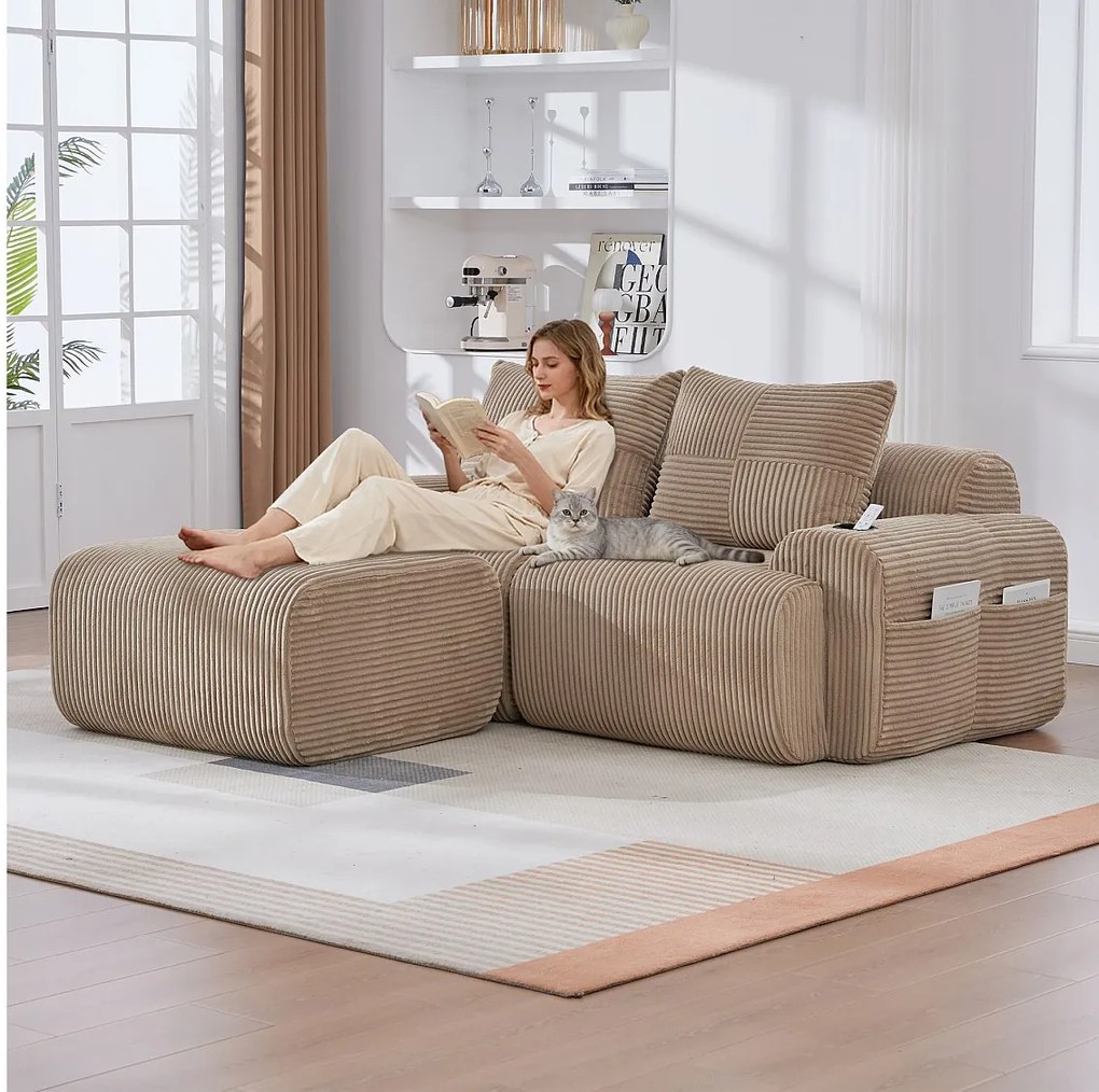 Sofa modułowa 2-osobowa - 200 x 174 x 80 cm - z 1 pufem + uchwytem na kubek + kieszenią do przechowywania - aksamit - khaki