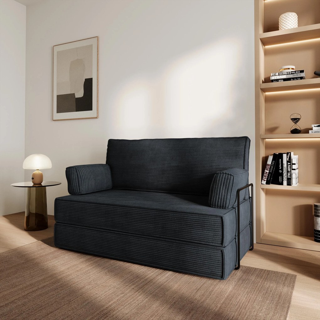 Masseno Sofa piankowa LADIA z funkcją spania, Kanapa z pianki do salonu, Bezmontażowa, Tkanina sztruksowa – Czarny POSO 135