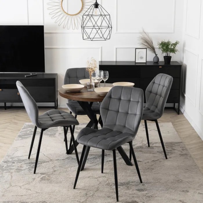Zestaw Stół Okrągły Rozkładany DORIAN 80-160 cm Dąb Rustykalny/Czarny i 4 Krzesła Tapicerowane do Jadalni LUCKY Szare Welurowe