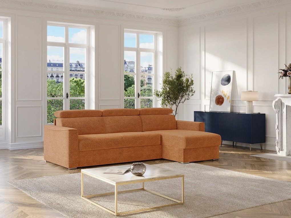 Kanapa narożna dwustronna rozkładana typu express z tkaniny szenilowej terakota - Spanie na szerokich listwach 140 cm - Materac 14 cm VIZIR