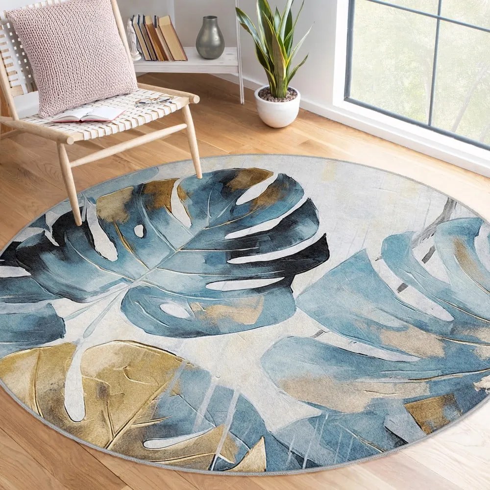 Niebieski okrągły dywan odpowiedni do prania ø 120 cm Golden Leaves – Mila Home