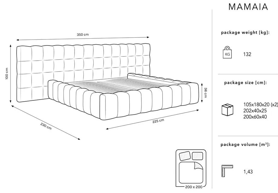 Czarne tapicerowane łóżko dwuosobowe ze schowkiem i stelażem 200x200 cm Mamaia – Micadoni Home