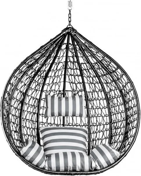 Czarne wiszące krzesło KOKON bez stojaka, biało-szara poduszka