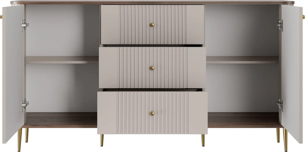 Komoda Vesper 160 cm z szufladami na nóżkach - kaszmir / orzech / złote nogi