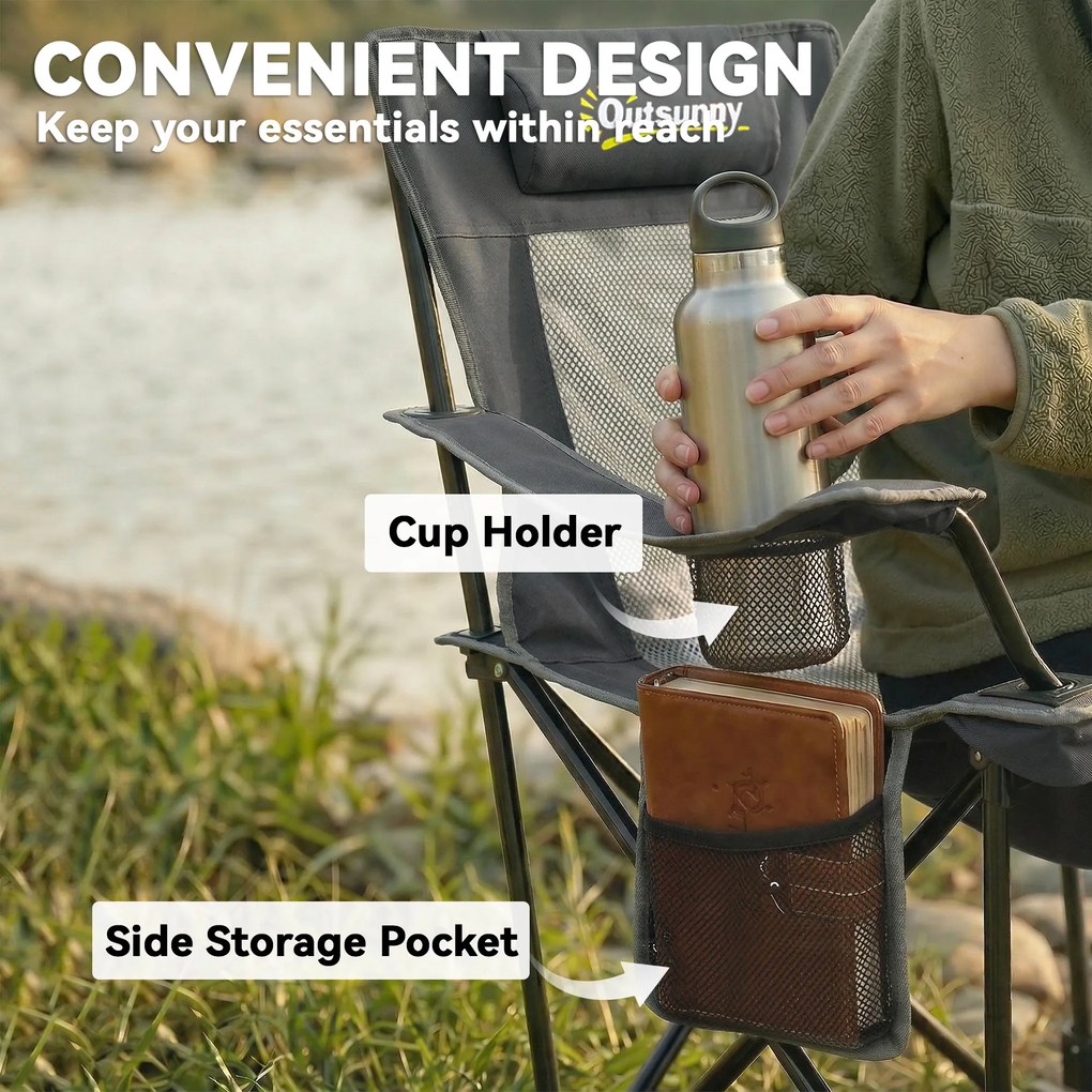 Outsunny Zestaw 2 składanych krzeseł kempingowych z regulowanym oparciem, podnóżkiem, uchwytem na napoje i zagłówkiem, ciemnoszary | Aosom PL
