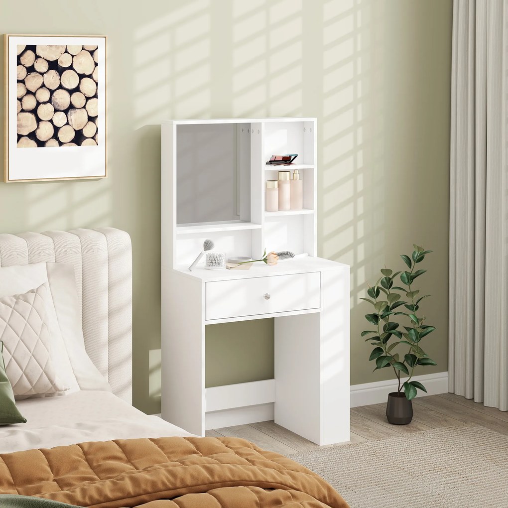 HOMCOM Toaletka z Lustrami, Szafa, 3-stopniowa Półka Boczna, Płyta Wiórowa, Biała