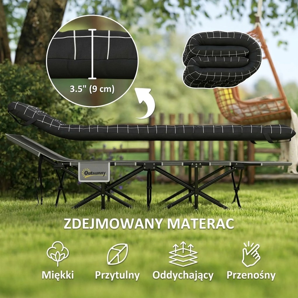 Outsunny Składane łóżko campingowe, z materacem, ergonomiczne, metalowy stelaż, Czarne
