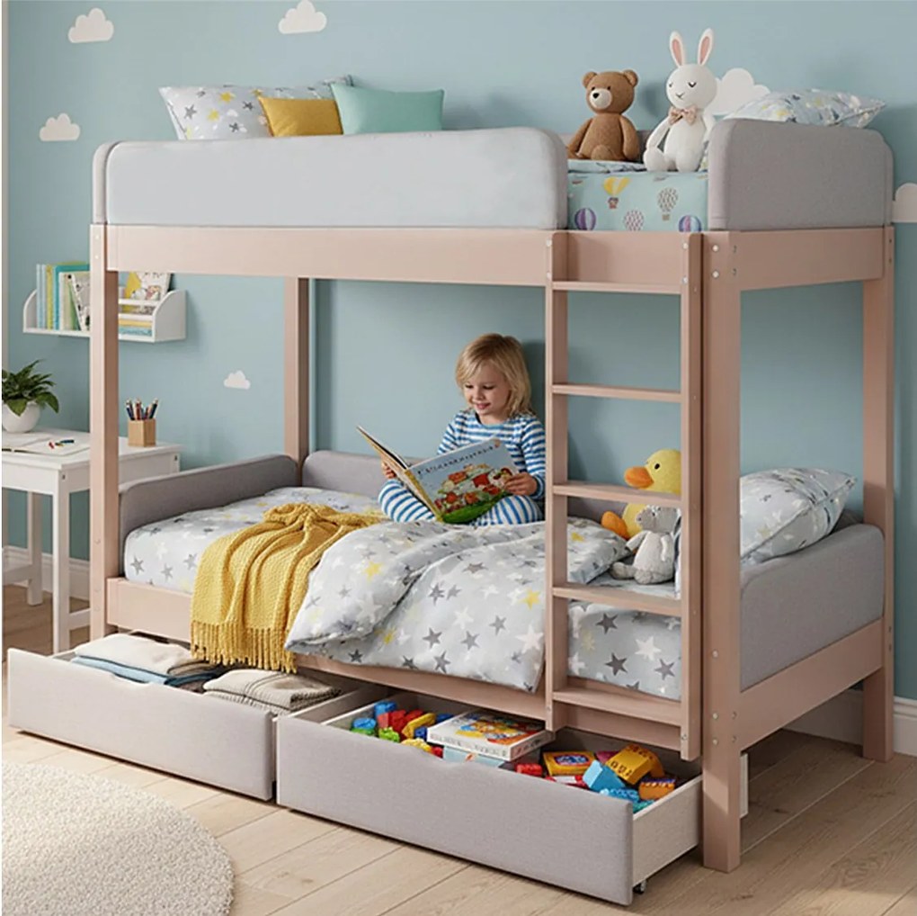 Łóżko piętrowe dla dzieci - 2 x 90 x 200 cm - z amortyzującymi krawędziami z pianki + 2 szuflady - drewno + płyta MDF - kolor szary + naturalny