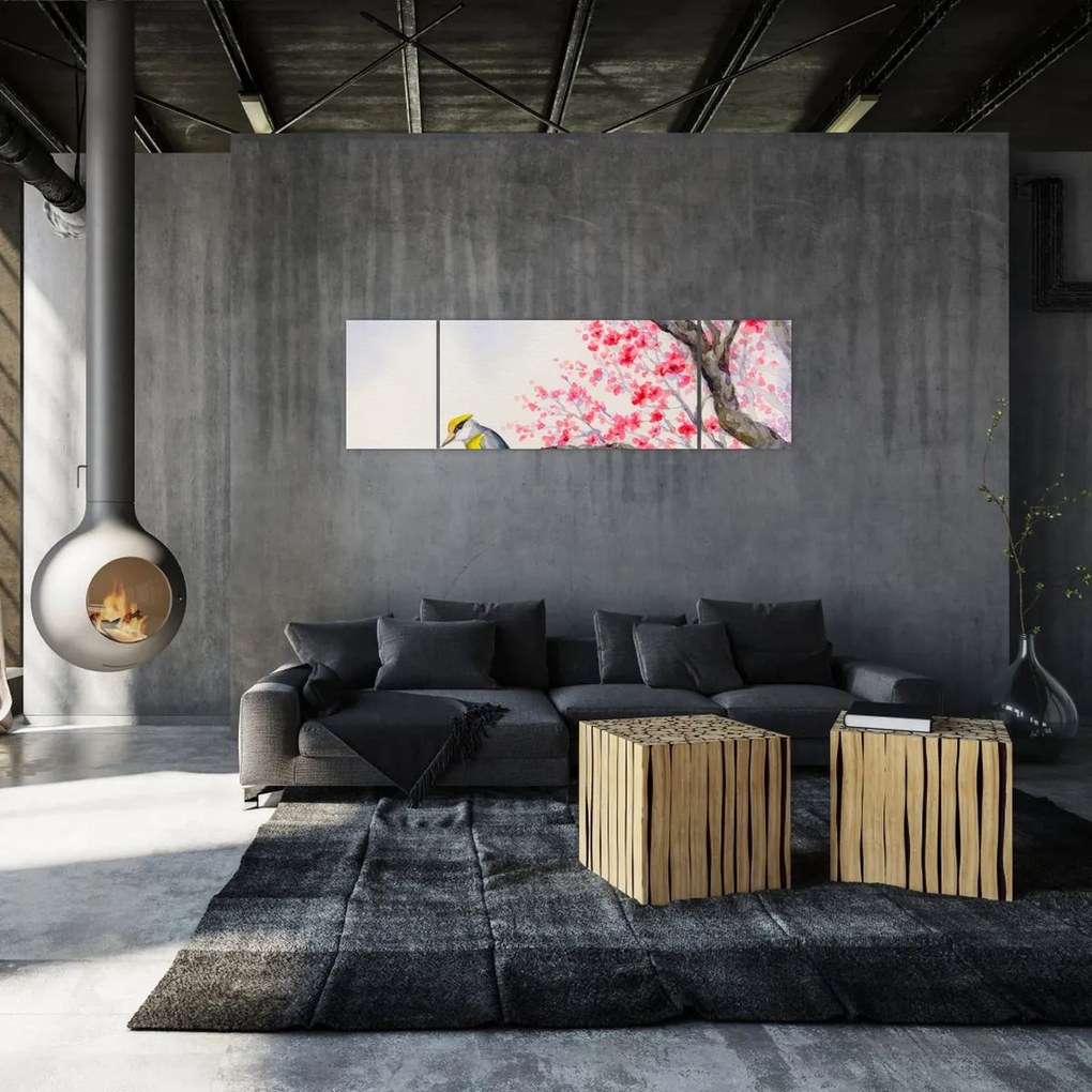 Obraz - ptak na drzewie z czerwonymi kwiatami (170x50 cm)