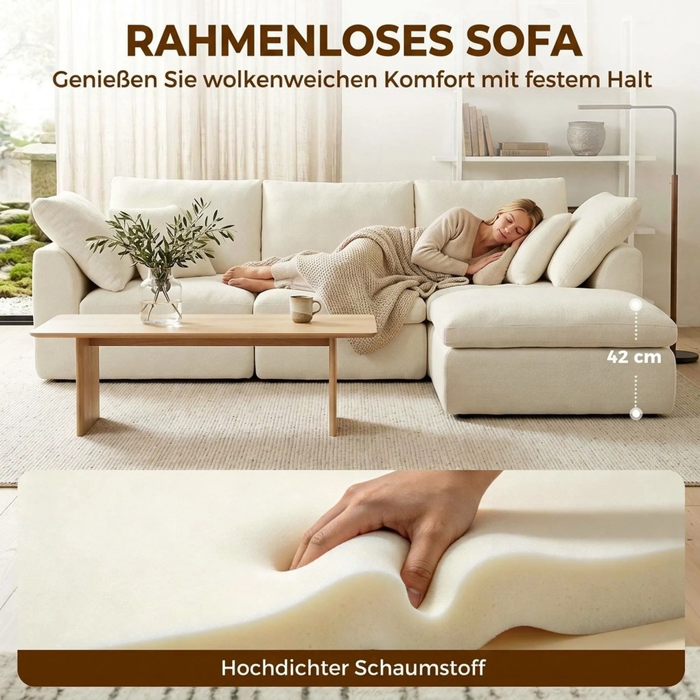 HOMCOM Modułowy narożnik z odwracalną otomaną, chmurowo miękka sofa Chenille w kształcie L, szerokie siedzisko, kremowo-biały | Aosom PL