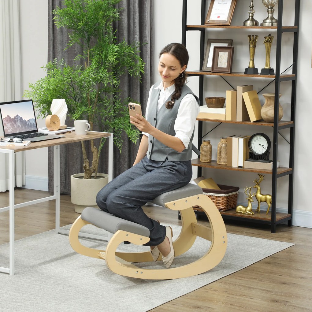 HOMCOM Ergonomiczne, bujane krzesło klęczące do home office, do poprawy postawy, jasnoszary | Aosom PL