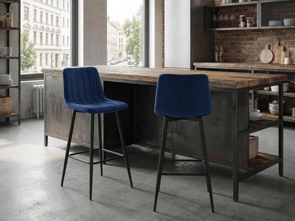 Niebieskie krzesło barowe POZZA VELVET z czarnymi nogami