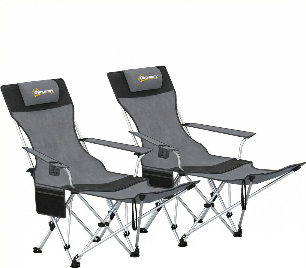Outsunny Zestaw 2 krzeseł kempingowych składanych fotel wędkarski z odpinanym podnóżkiem uchwyt na napój nośność 120 kg Szary | Aosom PL