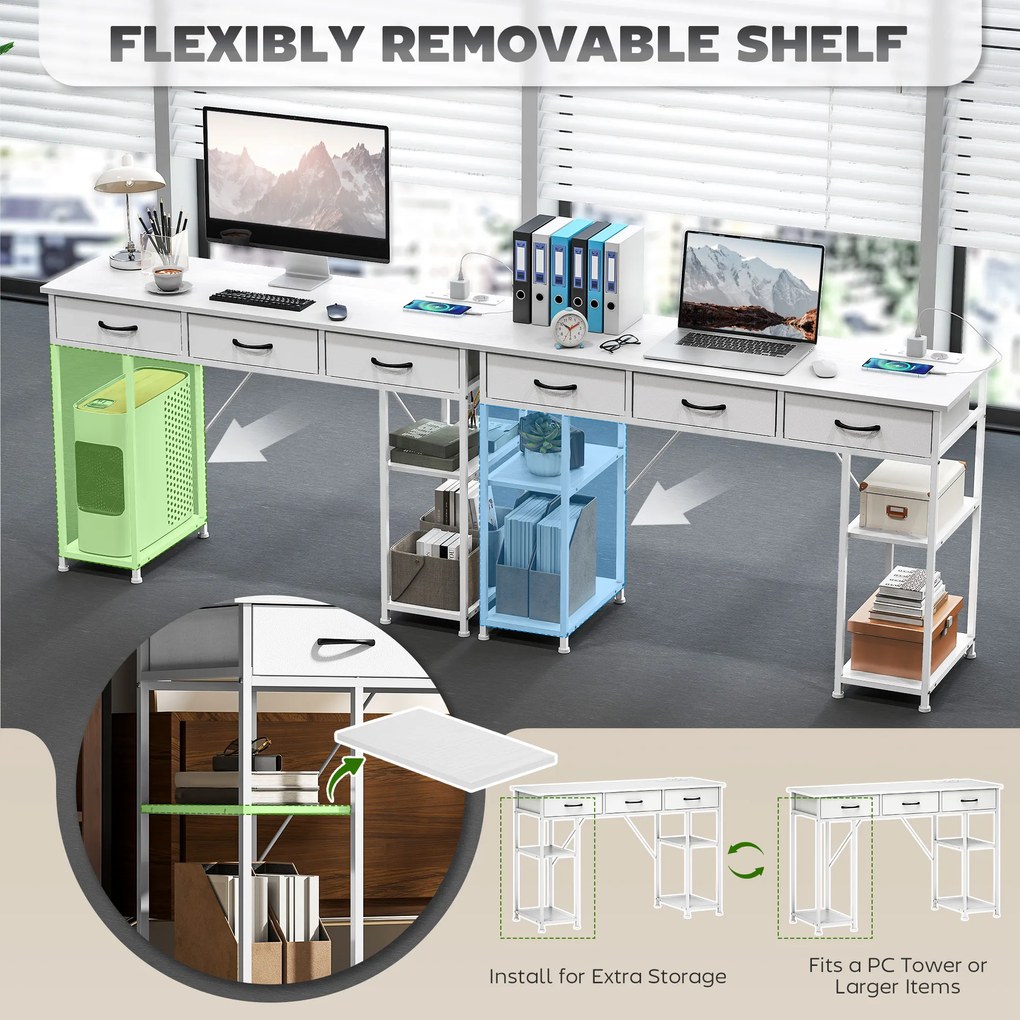 HOMCOM Biurko/Stół kuchenny z 2 portami USB i 2 gniazdkami, regulowane półki, 3 materiałowe szuflady, 120x40x76 cm, biały | Aosom PL