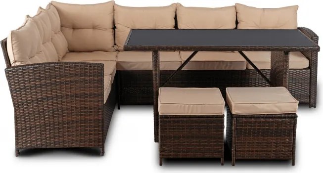 Zestaw Mebli Ogrodowych DALLAS Brązowy/Beżowy Narożnik Pufy Stolik Tarasowy Technorattan Nowoczesny