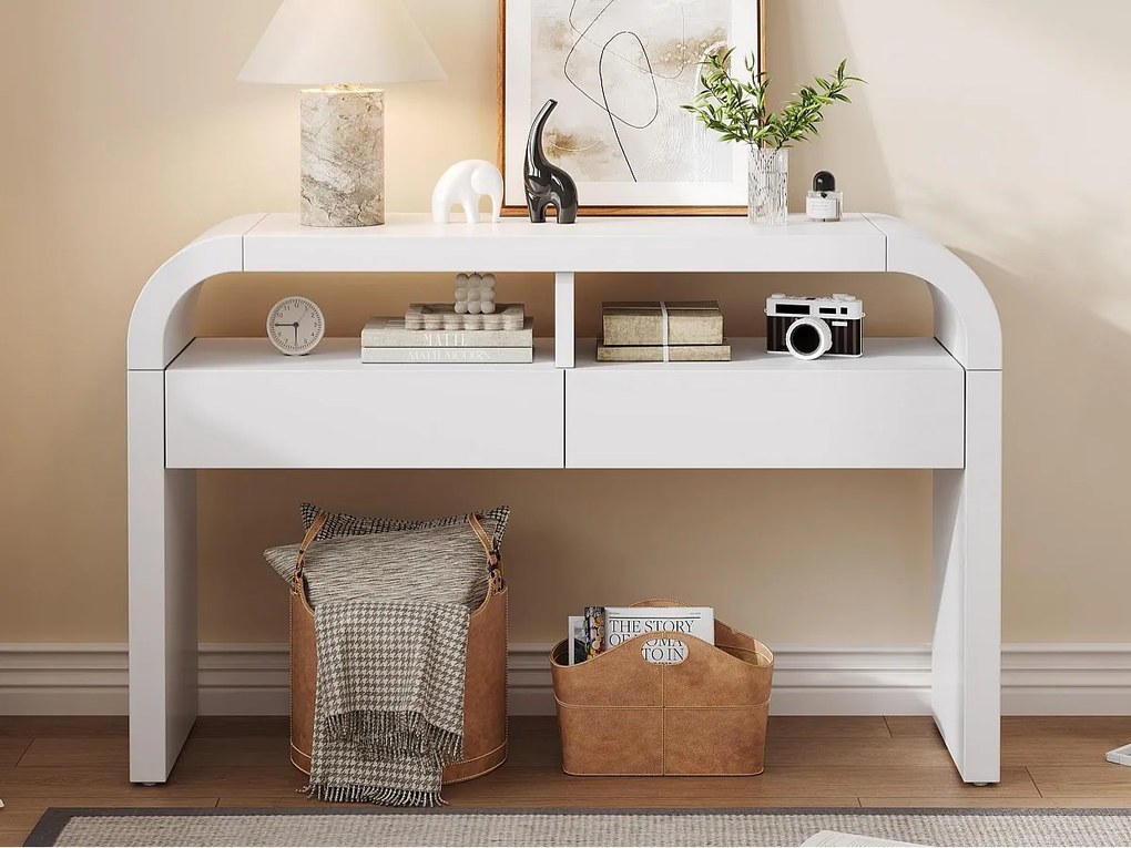 Stół konsolowy 120x35,5x76,5cm - z 2 szufladami - Zaokrąglone rogi - otwarte półki - MDF - Biały