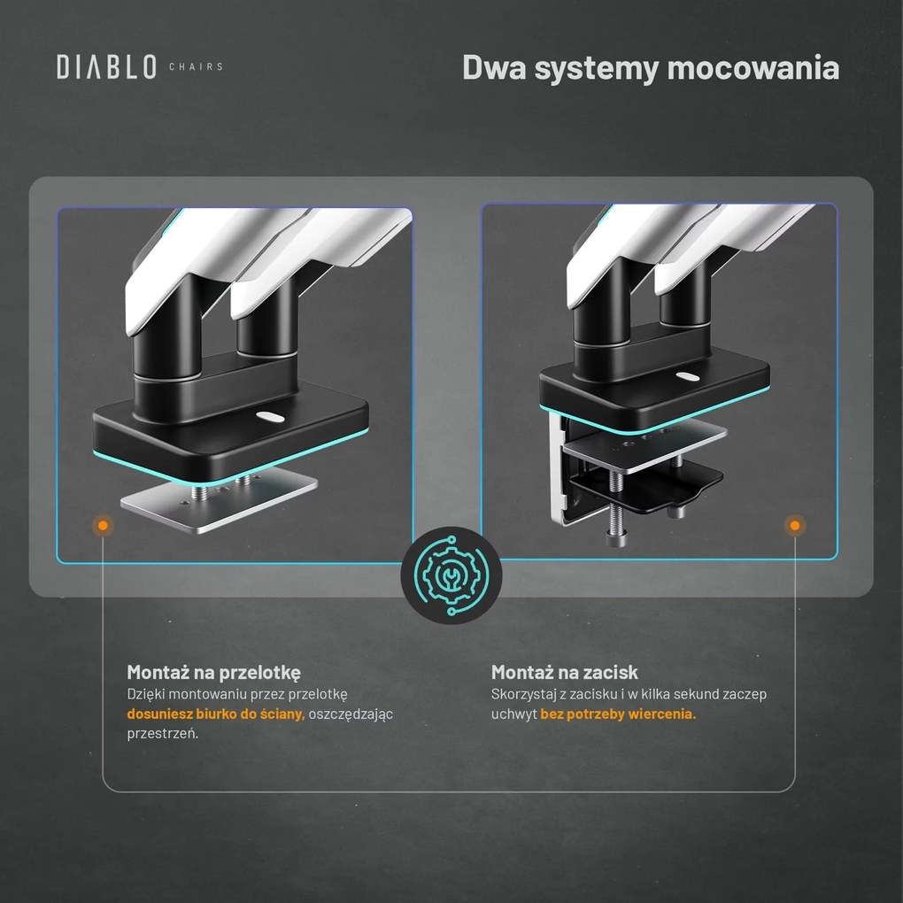 Uchwyt regulowany na 2 monitory 35 cali RGB Diablo X-Arm Dual, biało-czarny