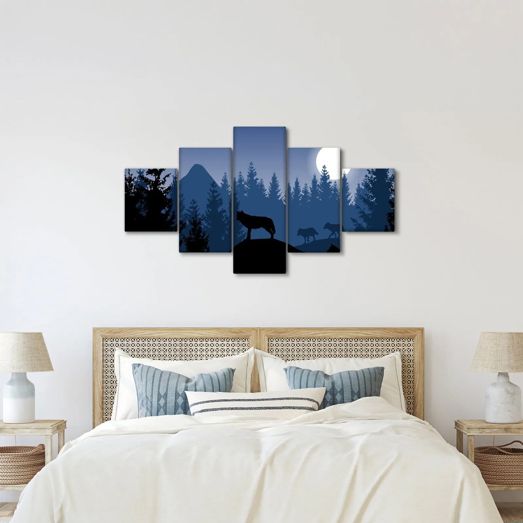 Obraz - Wataha wilków pod księżycem w pełni (125x70 cm)