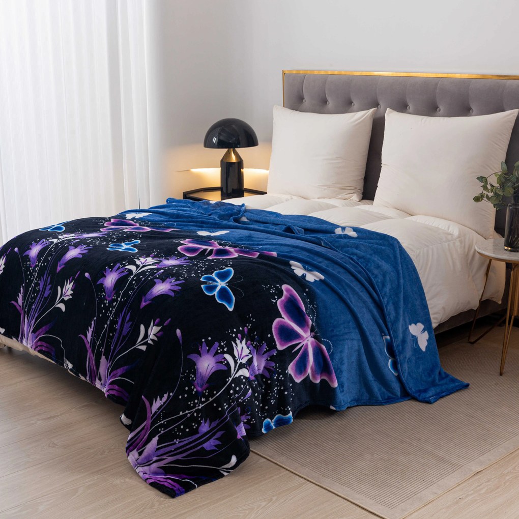 Koc z mikropluszu VIOLET BUTTERFLY ciemnoniebieski Rozmiar: 200 x 220 cm