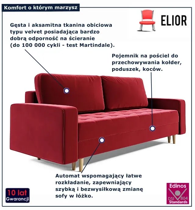 Czerwona sofa rozkładana z pojemnikiem na pościel C6-L61